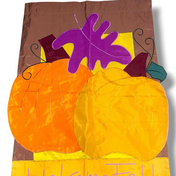 Welcome Fall Pumpkin House Flag Leaves Outdoor Yard Decor 40"H x 27"W Vintage - Picture 5 of 7